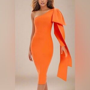 Vibrant Orange One-Shoulder Bandages Midi Dress size - S